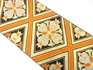 アンティーク　斜め格子に唐草模様織り出し袋帯（着用可）